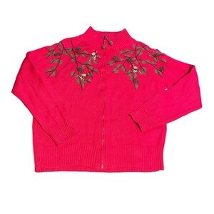 Coldwater Creek Zip Front Sweater Cardigan Embroidered Birds and Pinecones